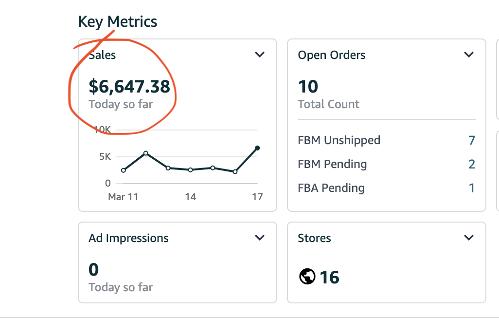 Seller Central key metrics showing $6,647.38 in sales for the day