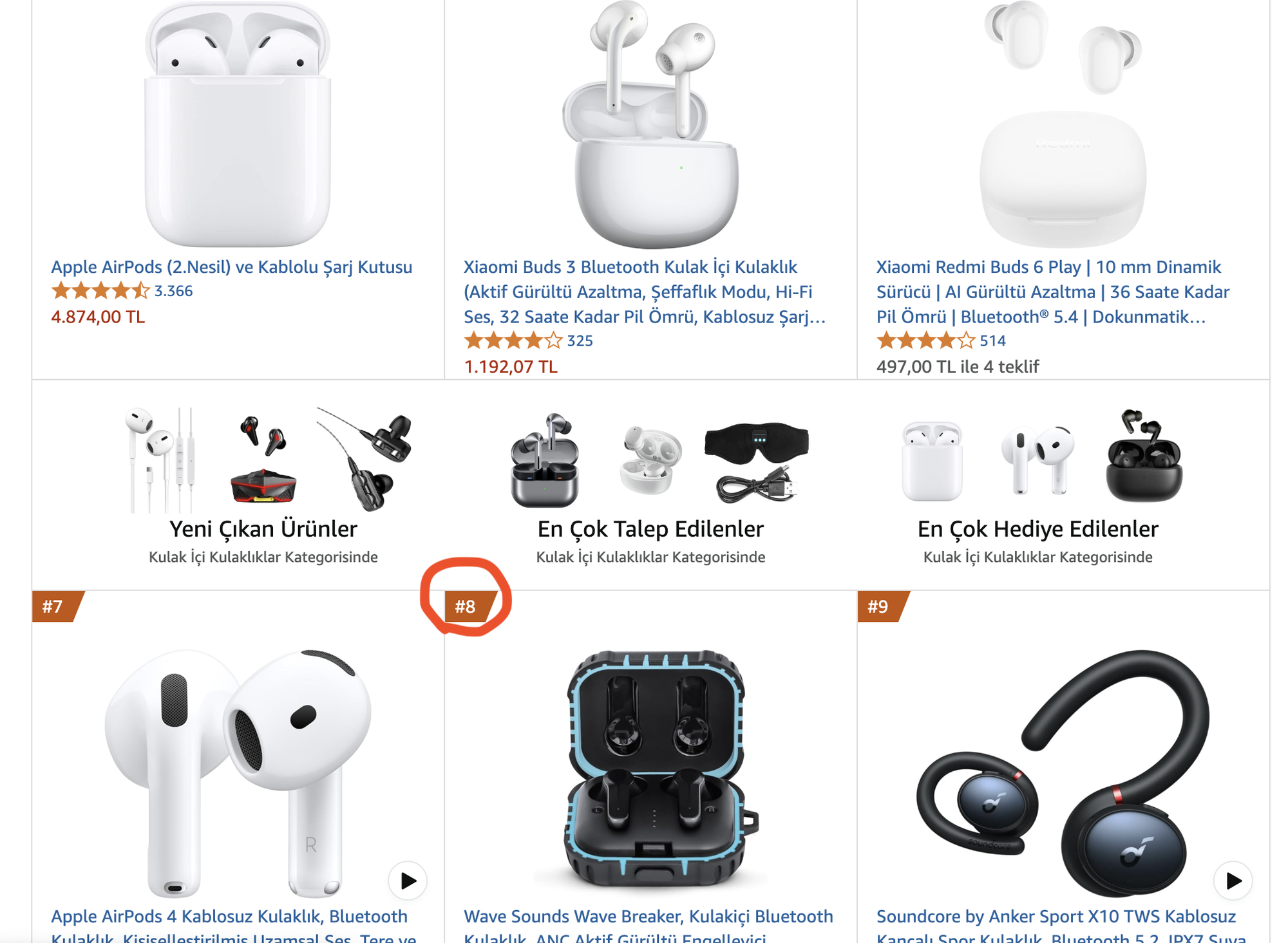 Amazon Turkey best sellers in in-ear headphones with Wave Sounds Wave Breaker at number 8, next to Apple AirPods and Xiaomi